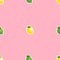 Seamless pattern with small lemons and limes with green leaves. Pink background.