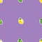 Seamless pattern with small lemons and limes with green leaves. Purple background.