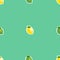Seamless pattern with small lemons and limes with green leaves. Turquoise background.