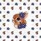 Seamless pattern with small muzzles of red rabbits, cornflowers and circles, in the center a large muzzle of a rabbit