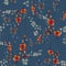 Seamless pattern small wild branch with red, pink and beige flowers on a dark blue background. Watercolor