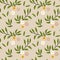 Seamless pattern, small yellow-white flowers with sprigs of leaves on a gray background. Textile, print