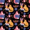 Seamless pattern smart cat reading a book. Modern abstract background pink and orange cat with books, house plants and shooting