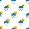 Seamless pattern with smile sun and sad cloud. Pixel art background, cartoon vector illustration