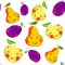 Seamless pattern with smiling fruits on a white background. Yellow with red apples, orange with red pears, lilac with pink plums.