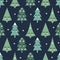 Seamless pattern with smiling sleeping xmas trees and snowflakes. Happy new year background.