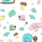 Seamless pattern with snails, mushrooms and flower