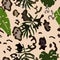 Seamless pattern of snow leopard skins and tropical leaves. Vector template