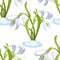 Seamless pattern snowdrop flower blossomed with leaves. Vector i