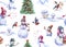 Seamless pattern of snowmen, bullfinches and Christmas tree