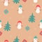 Seamless pattern with snowmen, Christmas trees and gifts. Vector graphics