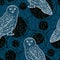Seamless pattern with snowy owl and north plants.