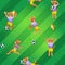 Seamless pattern of soccer field background and cougars as players in uniform with balls and goblets