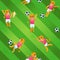 Seamless pattern of soccer field background and lion girls as players in uniform with balls and goblets