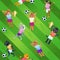 Seamless pattern of soccer field background and wild cat girls as players in uniform with balls and goblets