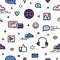 Seamless pattern with social networking, global online communication, instant messaging symbols on white background