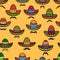 Seamless pattern. Sombrero and moustache on yellow.