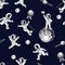Seamless pattern. Space background. Astronauts play soccer.