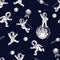 Seamless pattern. Space background. Astronauts play soccer.