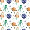 A seamless pattern of space elements drawn in a flat style. Astronaut, rockets and planets. Space. Stars. Flight