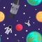 Seamless pattern: space with moon, planets, rockets and astronauts. Vector flat illustration