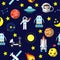 Seamless pattern with space Shuttle, rockets, comet, astronaut, stars and moon,Jupiter, Mars, robot and solar system.