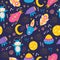 A seamless pattern with a space-suited behemoth, spaceships, the moon, planets, stars, and binoculars.