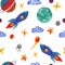 Seamless pattern - space watercolor illustration, freehand drawing, rocket