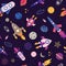 Seamless pattern with spaceship, rockets, planets, stars, moon, comets, sun on starry nights