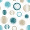 Seamless pattern with spheres. Blue, white and brown colors. Hand drawn.