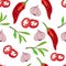 Seamless pattern of spices from garlic, pods and slices of red chili pepper, rosemary sprigs. Colorful juicy pattern for cooking,