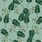 Seamless pattern Spinach salad on pastel teal background. Abstract ornament with lettuce