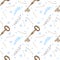 Seamless pattern with sprigs, keys, white background in blue dots