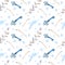 Seamless pattern with sprigs, keys, white background in blue dots