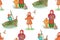 Seamless pattern. Spring. Children in various poses, swim on a boat, smell flowers, cook treats.