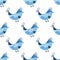 Seamless pattern with Spring Easter birds. Painted Easter eggs in blue
