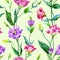 Seamless pattern of spring flowers of eustoma lisianthus on a pale green background