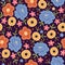 Seamless pattern spring flowers. Hand drawn decorative floral background. Summer meadow bouquet, yellow blue and orange