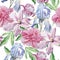 Seamless pattern with spring flowers. Peony. Clematis. Tulip. Iris. Watercolor.