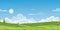 Seamless pattern Spring green fields landscape with mountain,blue sky and cloud background,Endless banner vector cartoon Panorama