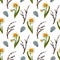 Seamless pattern. Spring watercolor flowers daffodils, branches willow and feather. Spring botanical print
