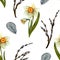 Seamless pattern. Spring watercolor illustration with flowers daffodils, branches willow and feather. Flowers with stem