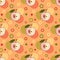 Seamless pattern with sprinkled apples and simple geometric shapes in circles on a orange background.
