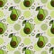 Seamless pattern with sprinkled avocado and simple geometric shapes in circles on a gray background.