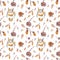 Seamless pattern with squirrel and autumn leaves drawn in wax crayons on white isolated background.Animalistic