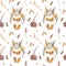 Seamless pattern with squirrel and autumn leaves drawn in wax crayons on white isolated background.Animalistic