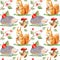 Seamless pattern of a squirrel,hedgehog,berry,mushroom, and hazelnuts.Watercolor
