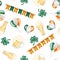 Seamless pattern of St.Patrick`s Day elements beer, irish colors and shamrock