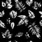 Seamless pattern with stamp leaves. Minimalism art. Objects isolated white on black background.