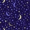 Seamless pattern with star and moon in dark sky. Cosmos stars on dark blue background for kids, children, toddlers. Cute kids